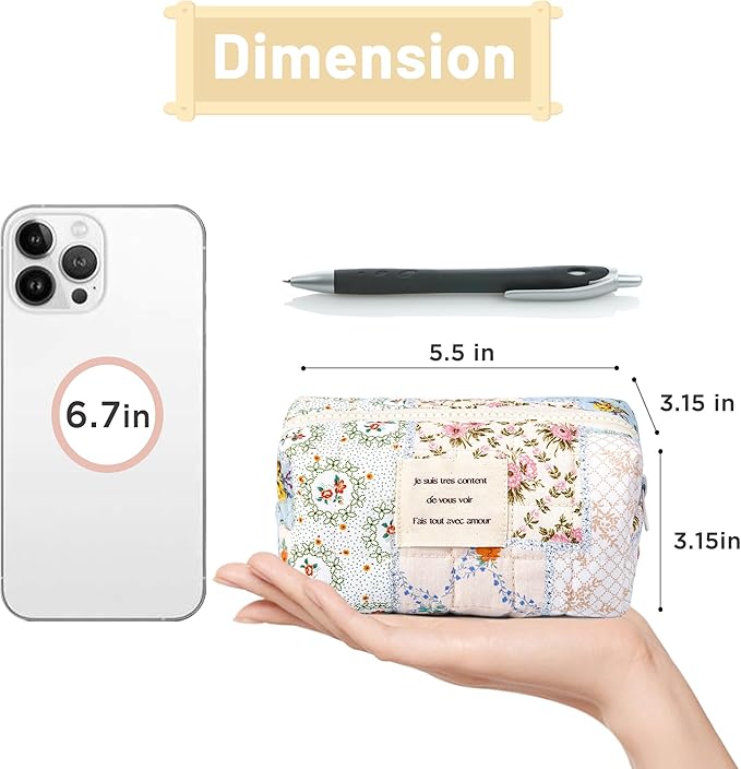 Sminra Floral Makeup Bag Pouch - Small Quilted Cosmetic Organizer for Travel Daily, Aesthetic Cottagecore Cotton Toiletry Pencil Purses with Zipper, Portable Gift for Women Girls (Blue Floral-S)
