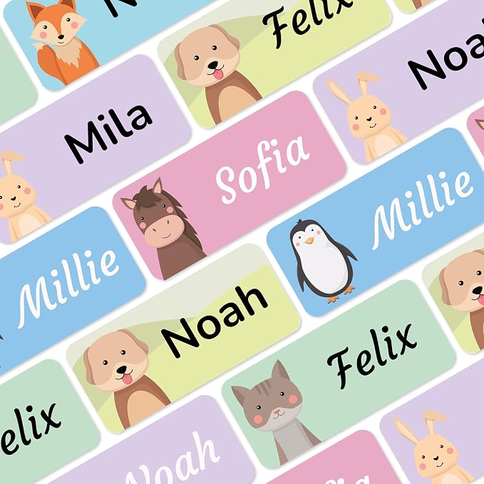Personalized Name Labels for Kids (140), Custom Daycare Labels - Waterproof Name Stickers for Clothing, Bottles and Other School Supplies (1.2” x 0.5”) - Animals