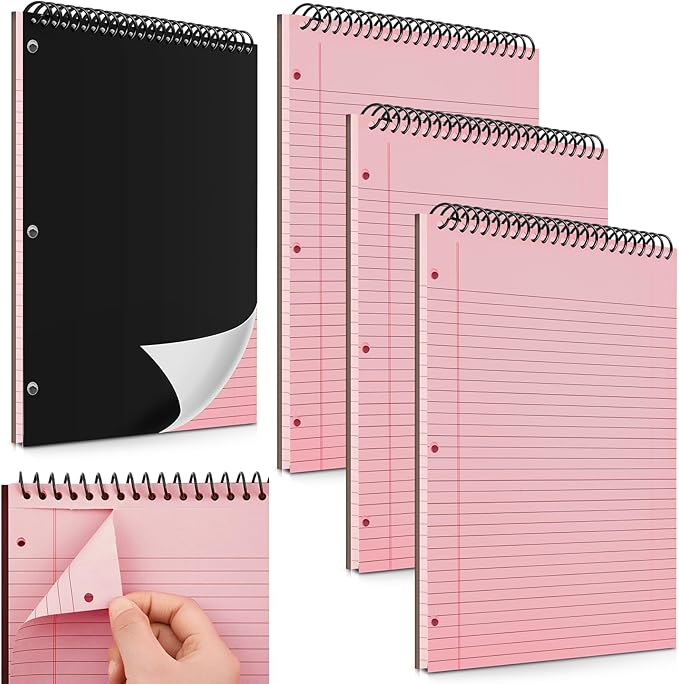 MotiMind 3 Pack 8.5" x 11" Top Spiral Notebook with 3 Hole Punched Pink Legal Pads College Ruled Notepad 50 Sheets Hard Cardboard Paper Wirebound Notepad for Office School Business