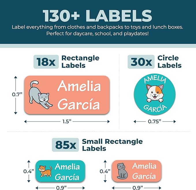 Bunny Badges Personalized Daycare Name Labels for Kids (130 Labels) - Custom Waterproof Name Stickers for Clothing Tags, Water Bottles, Lunch Boxes and School Supplies (Cats)