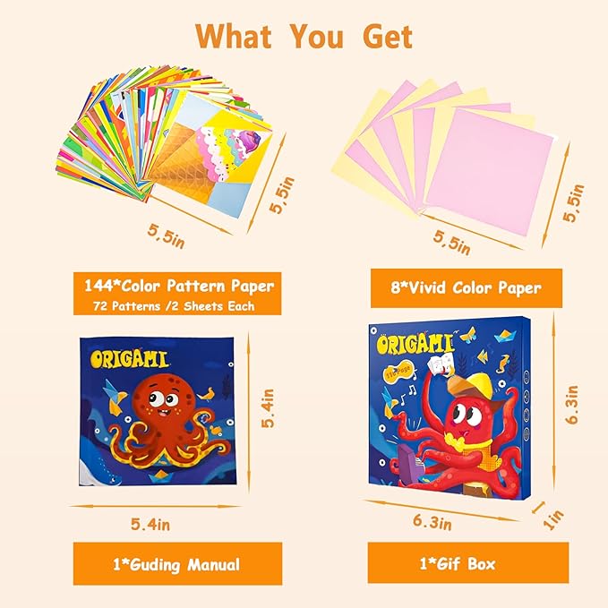 Origami Paper Kit for Kids Ages 5-8 8-12, 152 Sheets with 72 Patterns Guiding Book, DIY Art and Crafts Supplies, Colorful Folding Papers Set Projects Gifts Activity for Boy Girl Toys