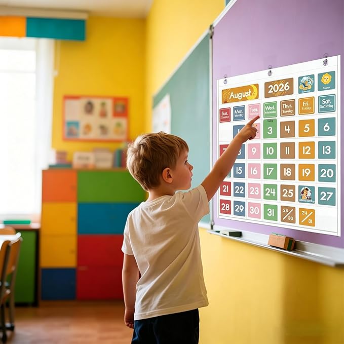 46 Pockets Classroom Calendar Pocket Chart with 77 Cards, Daily Monthly Learning Calendar for Circle Time Weather Seasons, Preschool Kindergarten Homeschool Must Have, Teacher Essential Supplies White