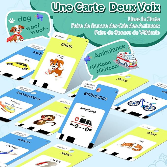 French and English Talking Flash Cards for Toddlers 1 2 3 4 5 6 Year Olds, 420 Sight Words, Montessori Learning Toys, Pocket Speech Therapy Toys, Sensory Preschool Educational Birthday