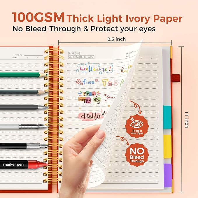 XYark A4 Hardcover Spiral Notebook, 8.5"x11" College Ruled Notebooks with Removable Dividers Tabs & Ruler, 5 Subject Notebook 300 Pages, Large Lined Journal for Women Men School Work Office, Red