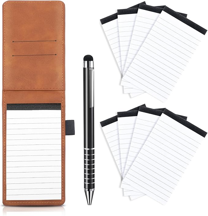 Outus 10 Pcs Mini Pocket Notepad Holder Set Included Small Leather Pocket Notebook Holder with 50 Lined Sheets, Metal Pen, 8 Pcs 3 x 5 Inch Memo Book Refills, 30 Lined Paper Per Note Pad (Camel，white)