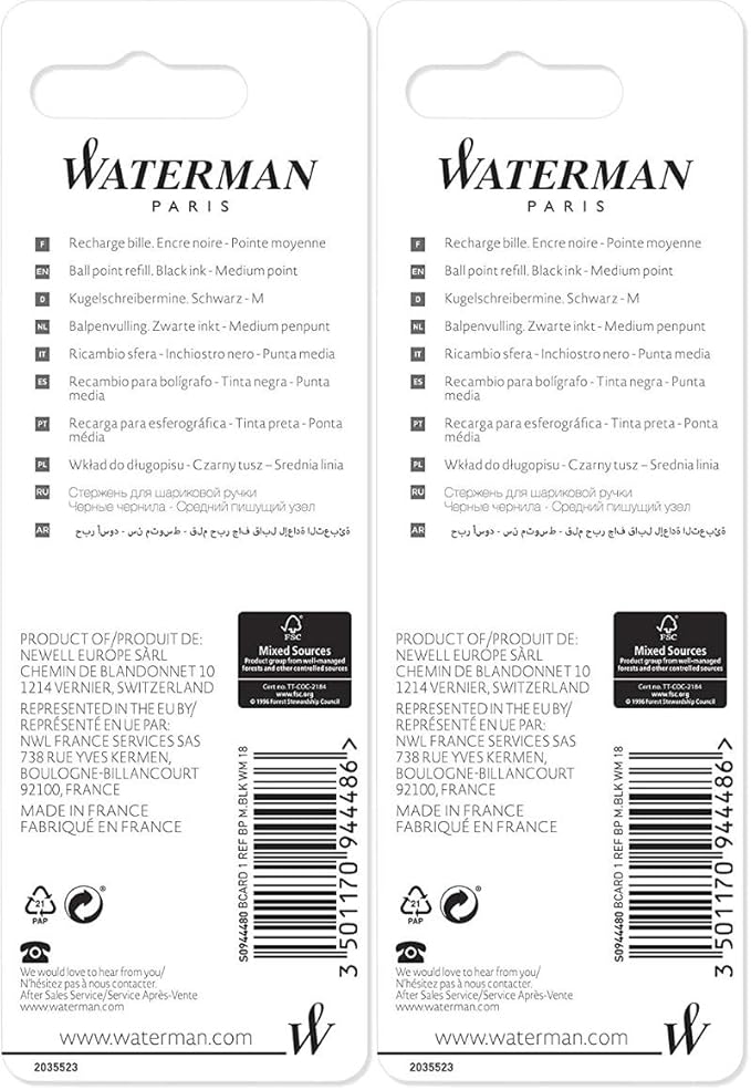 Waterman Black Medium Point Ballpoint Pen Refill (2 Pack)