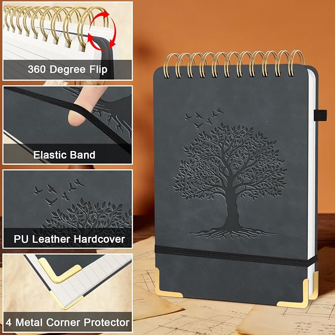 A5 Top Spiral Notebook, Tree Pattern Large Leather Hardcover Left Handed Journal, 240 Pages 100 Gsm Lined Paper Top Bound Steno Pads for Work, School, Travel Writing - Black, 5.9" x 8.5"