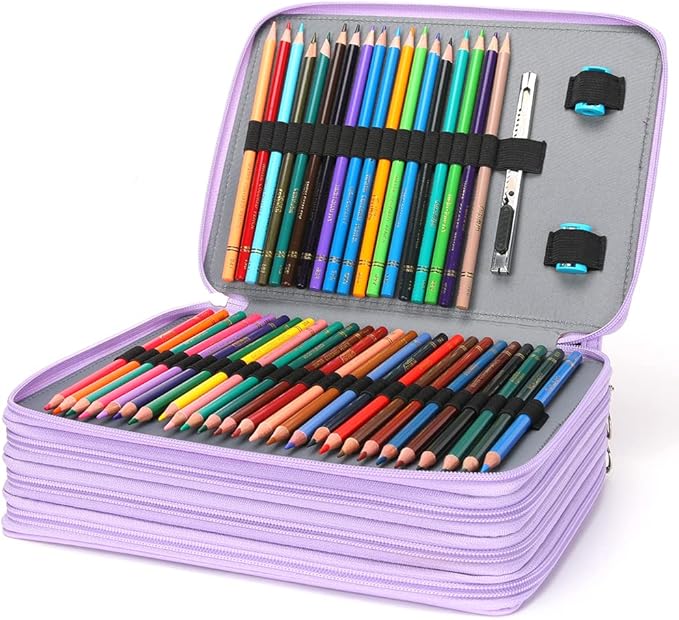 Vomgomfom 200 Slots Pencil Bag, 4-Layer Zipper Portable Art Supply Organizer, PU Leather Large Capacity Colored Pencil Case with Handle for 200 Watercolor Pens, Gel Pens (Purple)