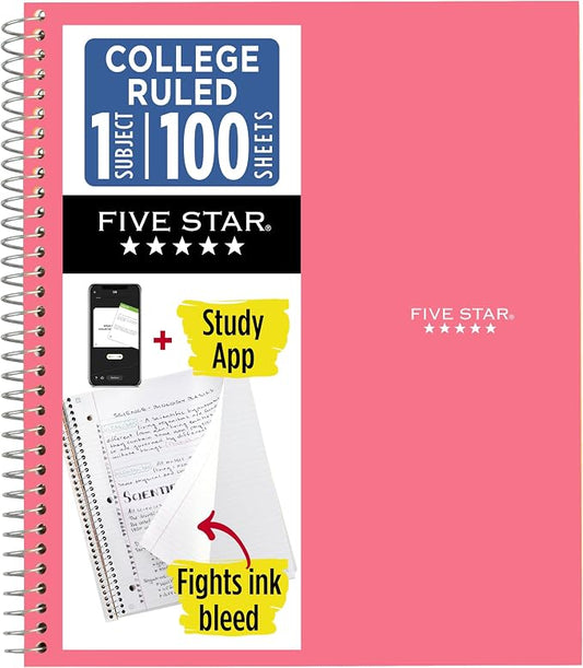 Five Star Spiral Notebook + Study App, 1 Subject, College Ruled Paper, 8-1/2" x 11", 100 Sheets, Fights Ink Bleed, Water Resistant Cover, Prom Pink (820002R)