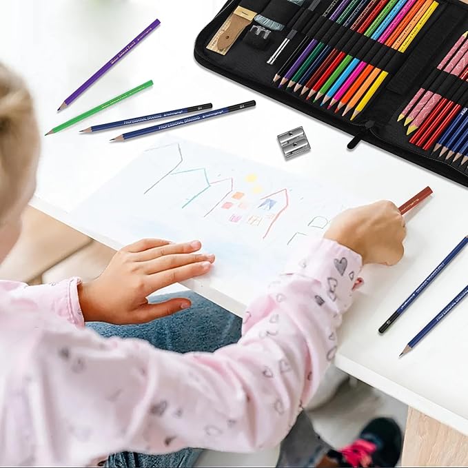 42 Pack Drawing Set Sketch Kit, Art Sketching Supplies has 3-Color Sketchbook Coloring Book Graphite Charcoal watercolor pencils, Portable Travel Size Case gift for Beginner Artists Adults