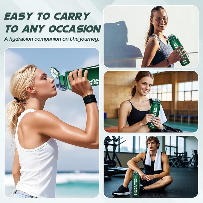 Water Bottle, 32oz Sports Water Bottles with Time Marker Wide Mouth, Motivational and Leakproof Drink Bottle, BPA Free Tritan with Carry Strap for Gym Fitness Outdoor (1 Bottle)