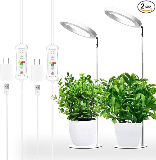 144 LEDs Full Spectrum Plant Grow Light for Indoor Plants，Height Adjustable, 6.3" Aluminum Housing,Automatic Timer with 8/12/16 Hours,10-Level Brightness,White Plant Light with Base,2Pack