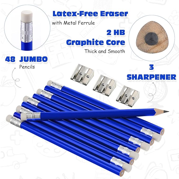Fainne 48 Pcs Fat Pencils Jumbo Big Thick Large Pencils and 3 Pieces Sharpeners for Kids Beginners Preschoolers Kindergarten School Office Supplies(Blue+silver,Triangle)