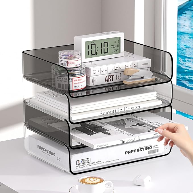 FANXIYQ 4-Tier Horizontal Acrylic Paper Tray Organizer | Clear Stackable Desk Organizer for Documents, Letters, A4 Paper | Modern Office/Classroom/Home Organization,Clear&Brown
