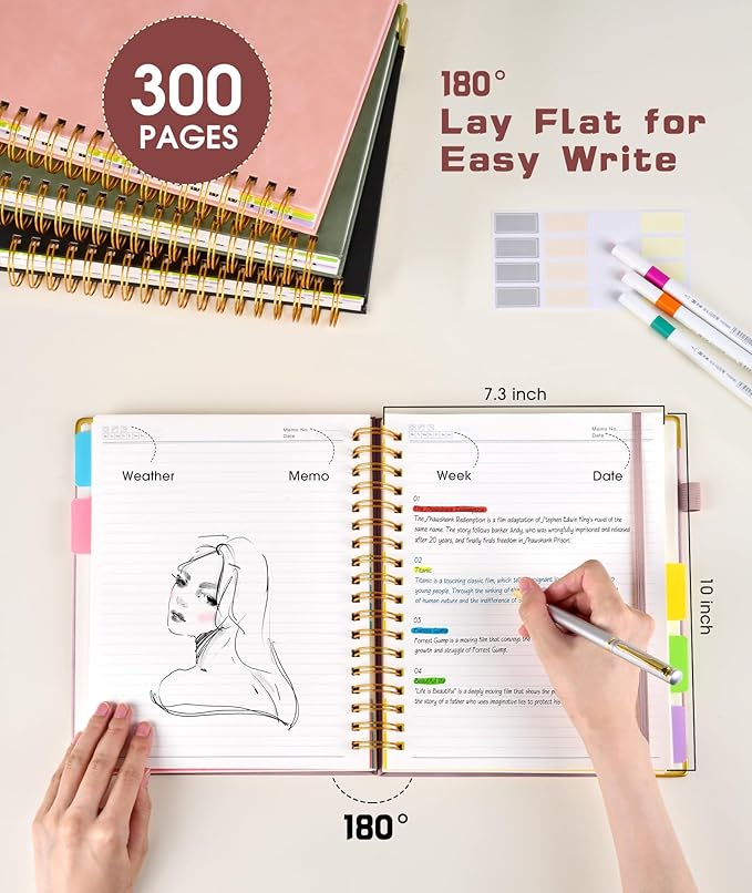 Hardcover Spiral Notebook Journal with Removable Dividers Tabs, 300 Pages Leather 5 Subject Notebook College Ruled, 8"x10" Large B5 Notebooks for Work School, Lined Journal for Women, Rose gold