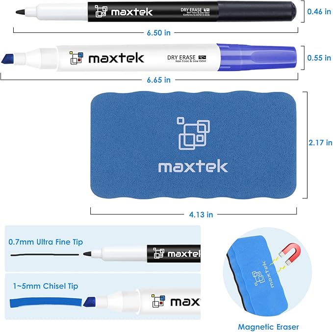 maxtek Low Odor Dry Erase Markers Mixed Tip, Whiteboard Markers Set 10 Count with 1 Magnetic Eraser