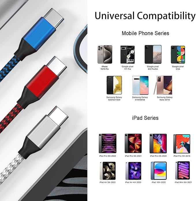 USB C to USB C Cable Nylon Braided 60W 3/3/6/6/10 FT USB Type C Fast Charging Cable for iPhone 17/17 Pro Max/Air/16/16 Plus/16 Pro Max/15/15 Plus/15 Pro Max, MacBook, iPad, Samsung S25/S24/23