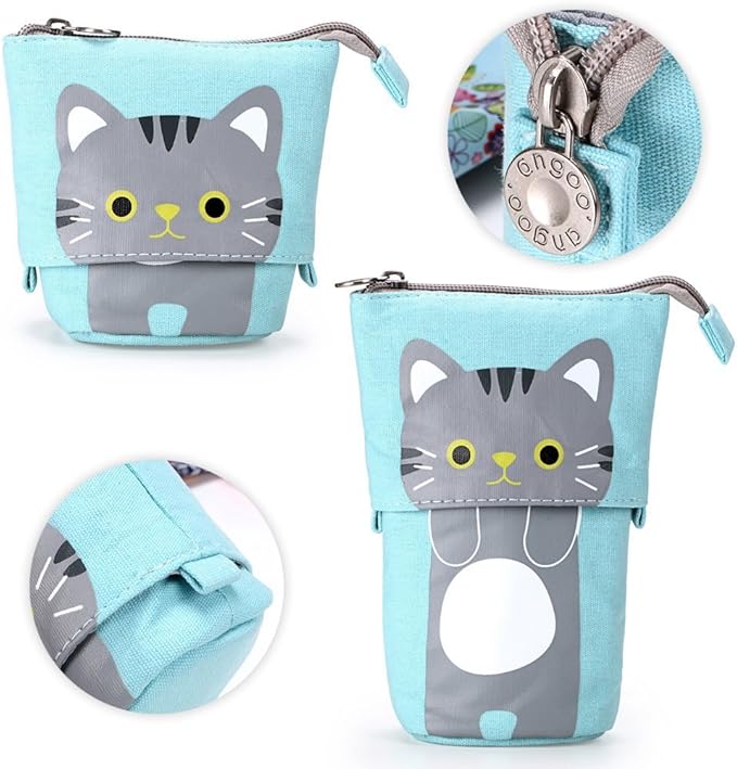 Telescopic Pencil Pouch Standing Pen Holder Cute Bags Stand Up Case Cartoon Storage Box Canvas+PU Stationery Organizer Makeup Bag With Zipper Closure (Blue)