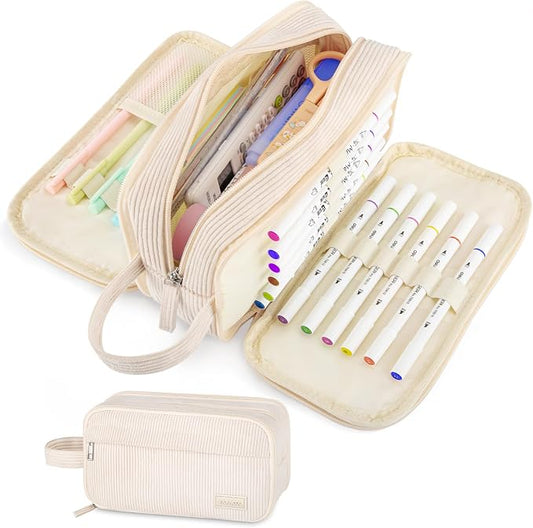 Cute Big Pencil Case Pouch Bag with Handle for Teen Girls Boy Gift | Large Capacity 4 Compartment Multiple Pockets Corduroy Aesthetic Pen Bag Pouch Organizer for School College Supplies,Beige