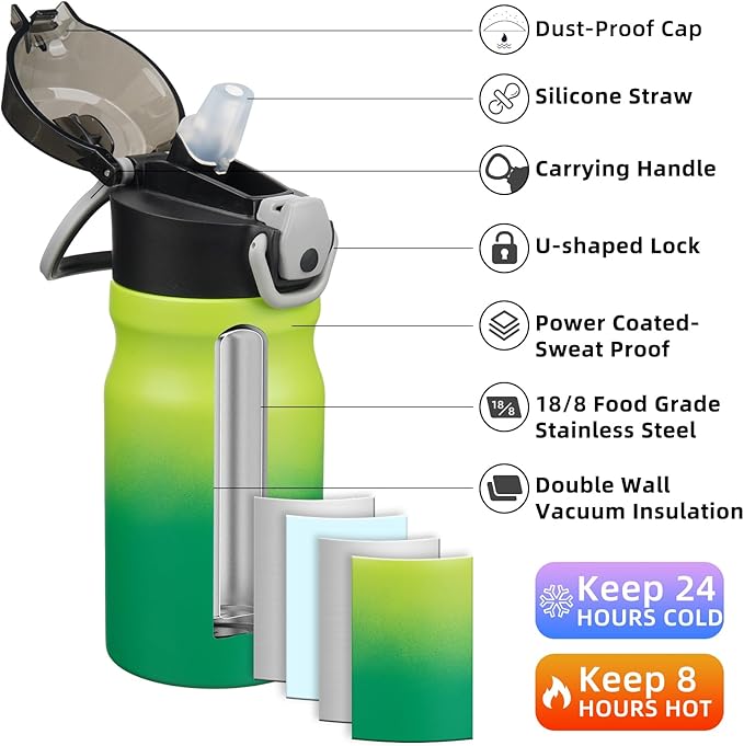 BJPKPK 14oz Insulated Water Bottle with Straw Stainless Steel Double Wall Water Bottles BPA Free Leak Proof Thermal Flask with Lockable Flip Lid and Soft Silicone Spout,Bamboo Grove
