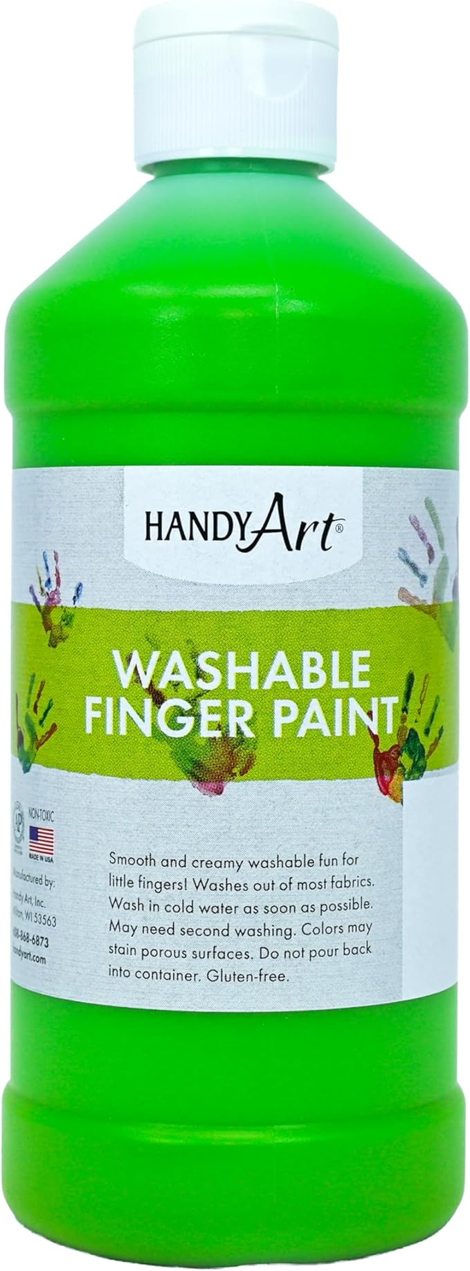 Handy Art Washable Finger Paint, Fluorescent Green, 16 oz Bottle, Easy Clean Up, Sensory Paints for Fingers & Hand Prints, Ages 3 & Up, Safe for Kids & Toddlers, AP Certified Non-Toxic, Made in USA