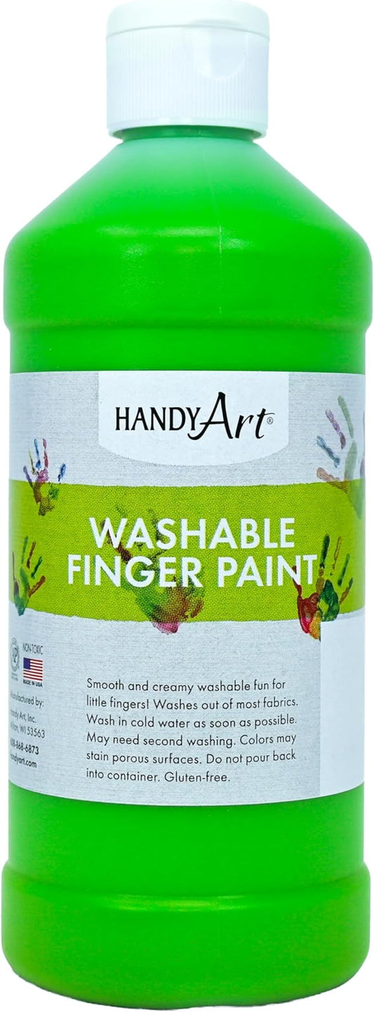 Handy Art Washable Finger Paint, Fluorescent Green, 16 oz Bottle, Easy Clean Up, Sensory Paints for Fingers & Hand Prints, Ages 3 & Up, Safe for Kids & Toddlers, AP Certified Non-Toxic, Made in USA