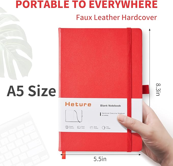 Heture Hardcover Notebooks, A5 Blank Notebook for Writing 160 Pages, 8.2 x 5.5 inch, Classic Blank Notebooks for College/Work/Travel(Blanked-3 Pack, Red)