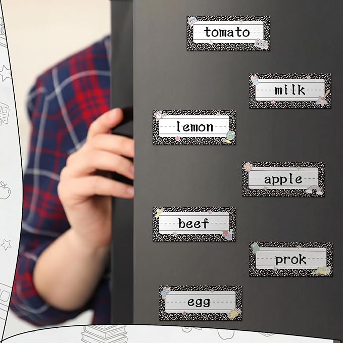 Gueevin 49 Pcs Back to School Magnetic Name Tag and Erasable Pencil, Composition Dry Erase Magnetic Labels Reusable Black Notebook Name Tags for Classroom Whiteboard Bulletin Board Refrigerator Craft