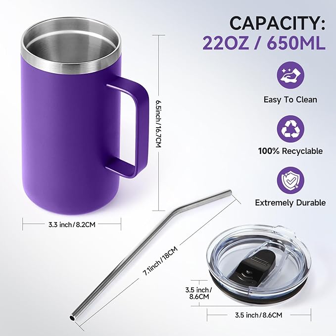 Volhoply 22oz Insulated Stainless Steel Coffee Mug with Leakproof Lid,Double Wall Vacuum Travel Coffee Cup with Handle,Reusable Metal Tumbler,Camping Mugs Keep Hot&Cold(Purple,1)