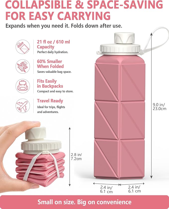 BEAUTAIL Collapsible Water Bottles 21oz/610mL, Silicone Travel Water Bottle | BPA Free, Leakproof & Reusable, Foldable Water Bottle for Traveling, Hiking, Gym, School, Sports, Outdoor, 1-Pack, Pink