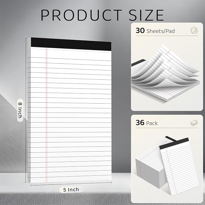 5x8 Lined Notepads 36-Pack - White Ruled Memo Pads with Firm Backing for Daily Lists, School Notes & Office Reminders | Smooth No-Bleed Paper for Students, Teachers & Professionals