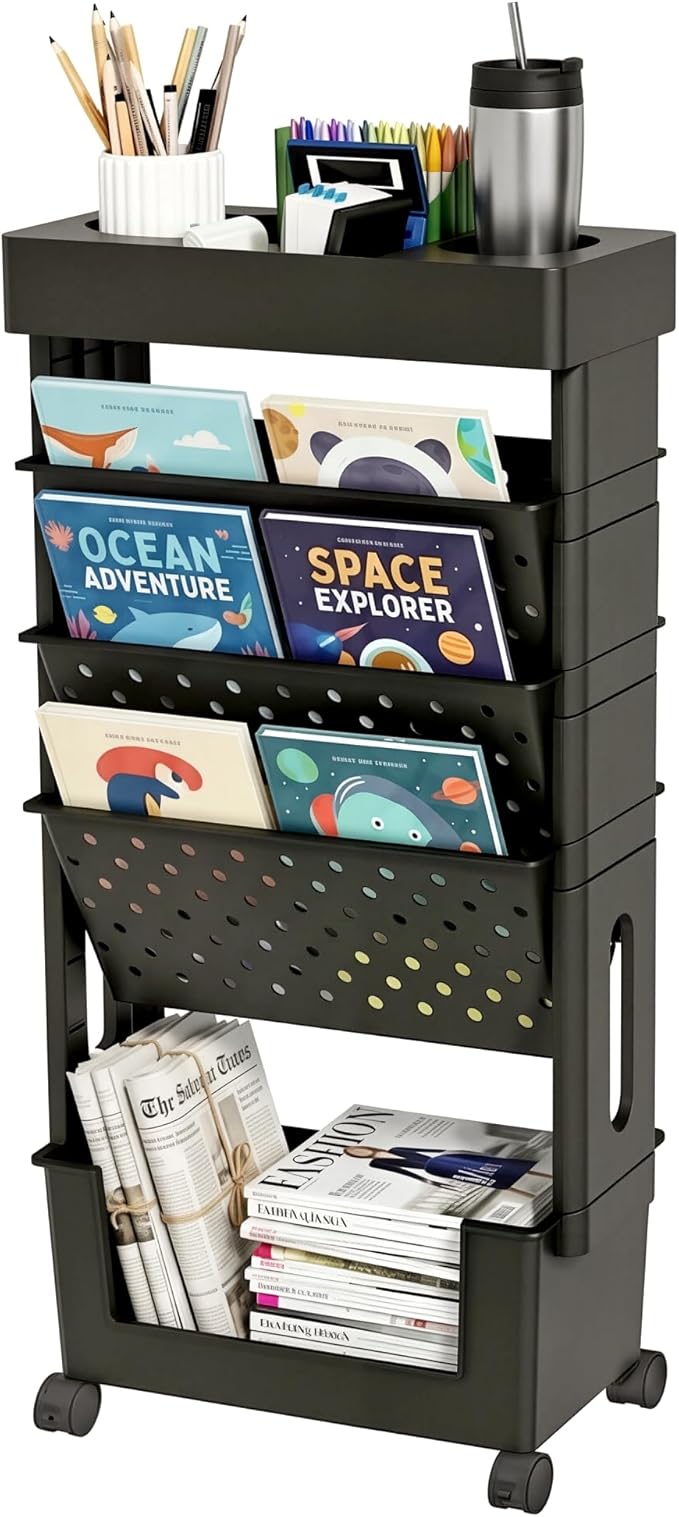 5-Tier Mobile Bookshelf, Rolling Bookcase Book Storage Rack, Movable File Folder Organizer Cart with Wheels for Home Study Office Living Room Classroom, Black