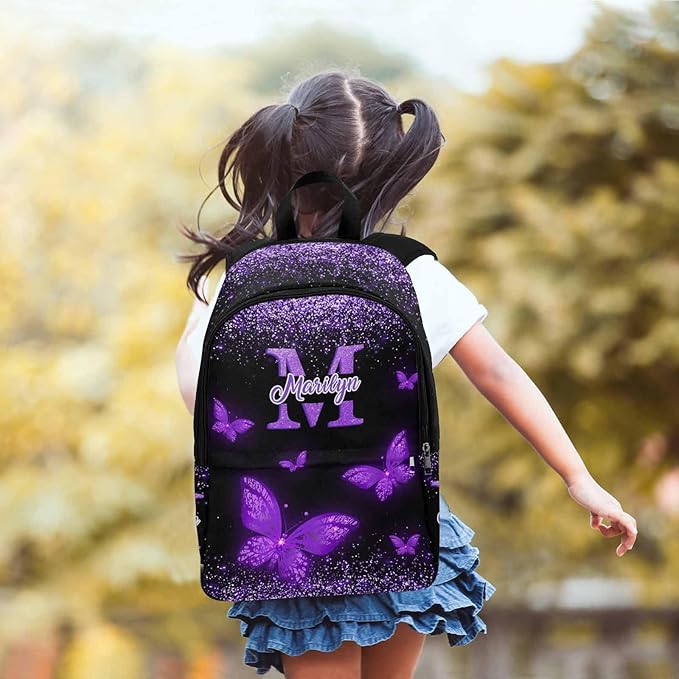 M YESCUSTOM Custom Backpack for Girls, Butterfly Personalized Girls Backpack Customized Kids Bookbag with Name Elementary Middle Back to School Bags Travel Laptop Back Pack Casual Daypacks