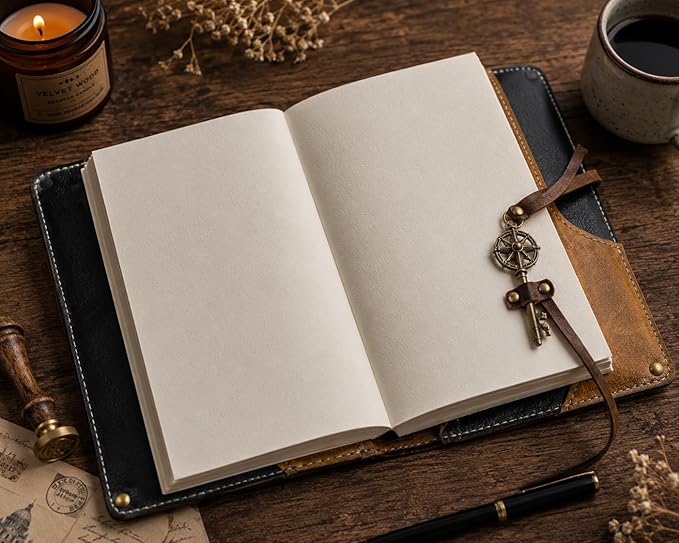 Leather Journal Notebook, 200 Handmade Recycled Cotton Paper Pages, 6X8 Leather Bound Journal for Man & Women, Vintage Key Closure
