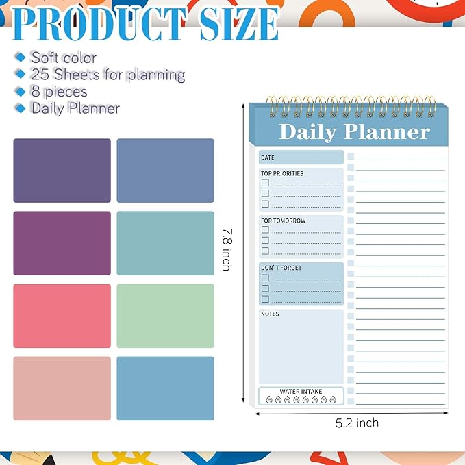 8 Pack To Do List Notepad 25 Page Undated Daily Planner Notepad To Do List Notebook Spiral Waterproof with Task Checklist for Home Office School Supplie Schedule Work(7.8 x 5.2 Inch,Cute Color)