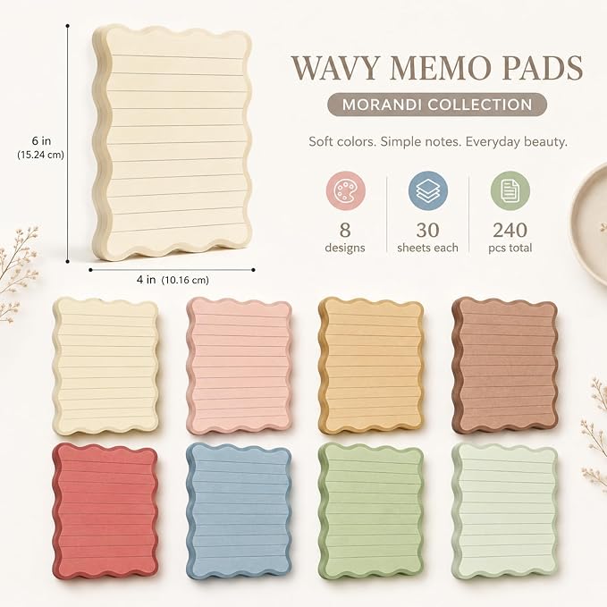 Whaline 8Pcs Stripe Scalloped Sticky Notes 4 x 6 Inch Neutral Color Striped Self Adhesive Lined Notepad Removable Memo Pad for Classroom Office Home School Party Supplies