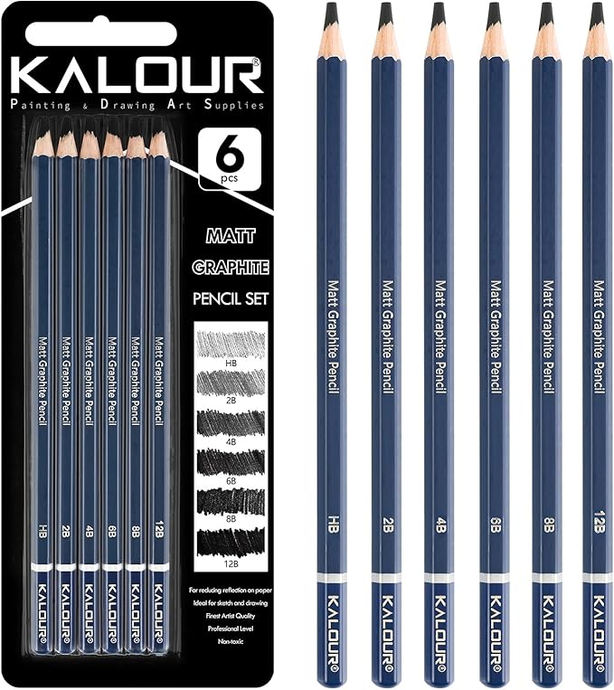 KALOUR PDAS Professional Drawing Pencils for Sketching - 6 pcs Matte Graphite Art Pencil Set (HB to 12B) for Shading, Beginners & Pro Artists