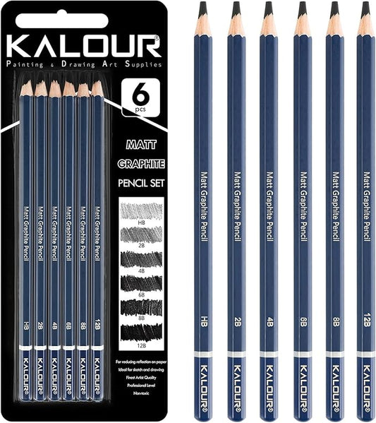 KALOUR PDAS Professional Drawing Pencils for Sketching - 6 pcs Matte Graphite Art Pencil Set (HB to 12B) for Shading, Beginners & Pro Artists