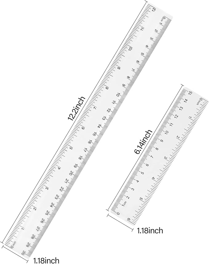 Unjoo Clear Plastic Ruler 6 Inch+12 Inch Straight Ruler, Shatterproof Rulers with Inches and Centimeters for School Classroom, Home, or Office (2pcs)
