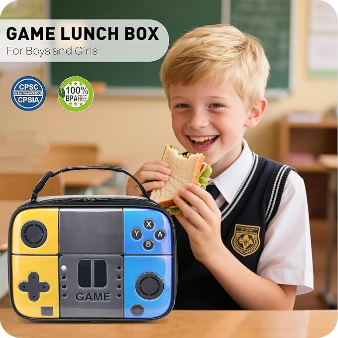 Kids Lunch Box for Boys,Game Console Insulated Lunch Bag for Kids,Leather Lunchbox for Boys,Waterproof Leakproof Portable Fits Most Bento Boxes