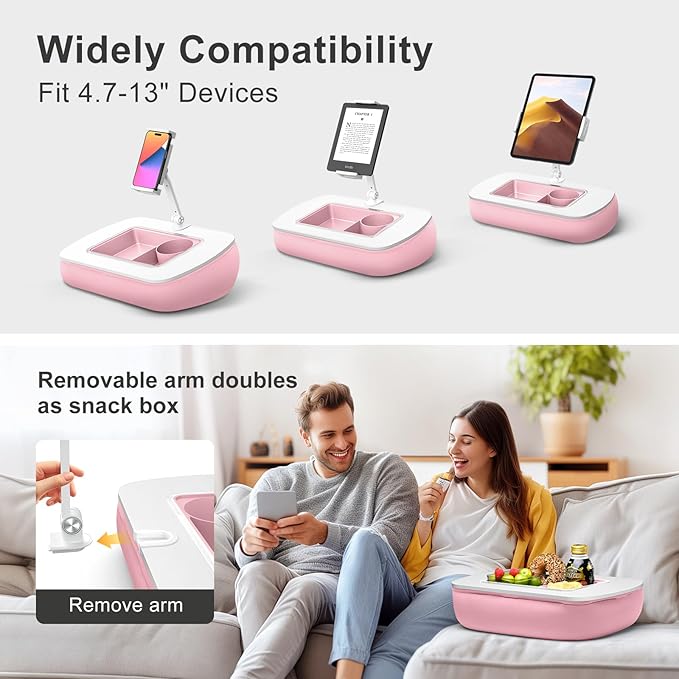 ERGONOV Tablet Pillow Stand for Lap Use with Snack Bowl and 360° Rotating Arm, Adjustable iPad Holder for Bed, Couch, and Recliner, Compatible with 4.7"-13" Kindle, iPad, Tablet, Phone,Pink