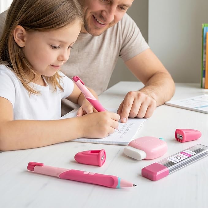 Ergonomic Pencil Set, 2.0mm HB Mechanical Pencils for Kids, School Supplies Include Sharpener, Eraser & 6 Extra Leads – Handwriting Aid for Preschool, Kindergarten, Homes, Pink, L