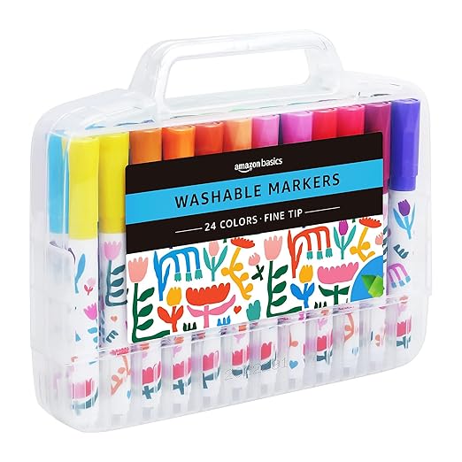 Amazon Basics Washable Markers for Kids, Fine Tip Assorted Colors, Non-Toxic Drawing and Coloring School Supplies Set, Pack of 24
