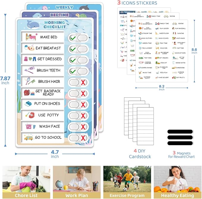 3 in 1 Bedtime/Morning/Weekly Routine Chart for Kids, Magnetic Chore Chart for Toddlers, Visual Schedule for Kids Toddlers Schedule Board for Home