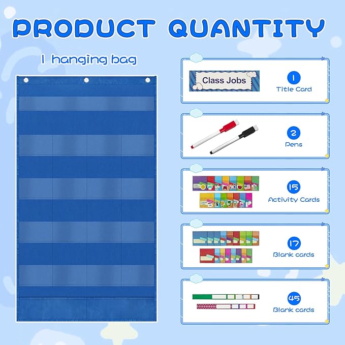Grekos Class Jobs Pocket Chart, Management Educational Pocket Chart Teacher's Helper with 78 Cards Pockets Must Have for Kindergarten Preschool Elementary Classroom Decor (Blue)