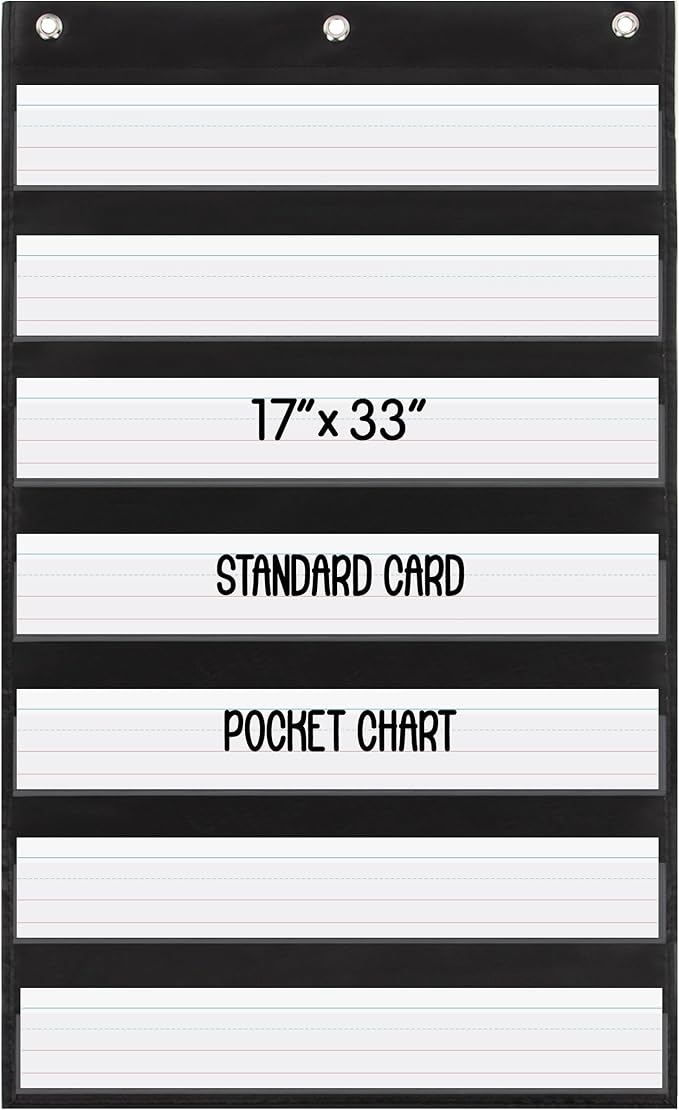 Essex Wares - 17" Wide x 33" Tall Pocket Chart, Black - Sturdy Pocket Chart for Classroom for Sentence Strips - Easy to Use & Hang, Reusable Black Pocket Chart