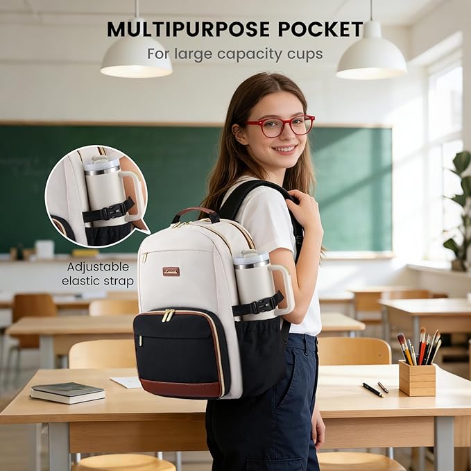 LOVEVOOK Lunch Backpack with Lunch Compartment,17 Inch Laptop Work Travel Insulated Cooler Backpack, Waterproof College Teacher Lunch Bag with Tumbler Holder,Gifts for Men Women,Beige-Nude-Logam plum