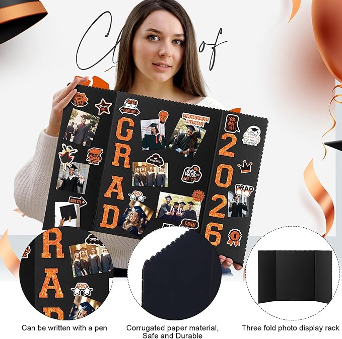 MiniInflat 4 Set 2026 Graduation Picture Trifold Poster Board Double-Sided Foldable Photo Display Board Graduation Decoration for Class of 2026 High School College DIY Craft(Orange,24 x 16 Inches)