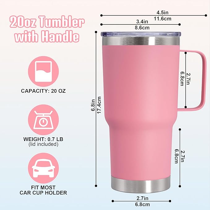 20 oz Tumbler with Handle and Lid, Stainless Steel Tumbler Insulated Travel Coffee Mug, Spill Proof Double Wall Vacuum Tumbler Cup Keep Drink Hot & Cold, Pink, 12 Pack