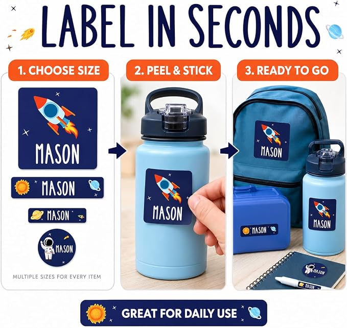 Andaz Press Custom Personalized Waterproof School Name Labels, Outer Space 120-Pack, Kids Labels Combo Pack Customizable Name Stickers Personalized School Supplies Camp Label Daycare Stickers